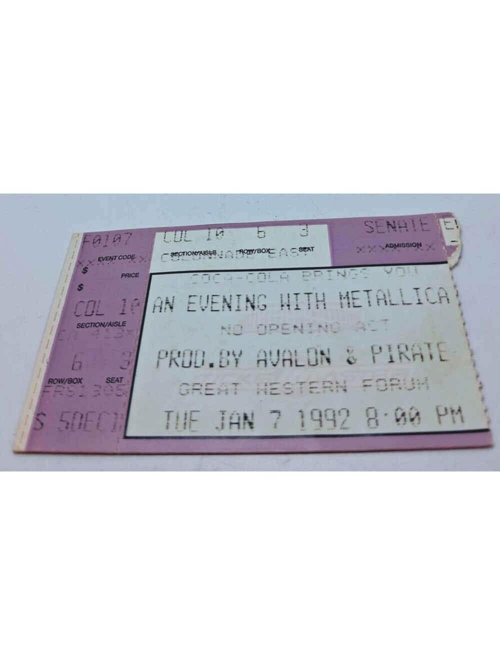 An EVENING w/ METALLICA TICKET Stub Great WESTERN Forum Jan 7 1992 AVALON Pirate